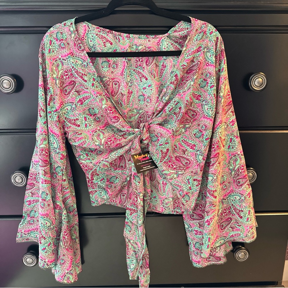 Paisley Tie-Front Bell Sleeve Top